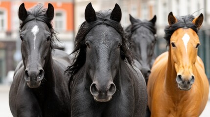 Fototapeta premium A group of four horses, including black and brown varieties, walking together