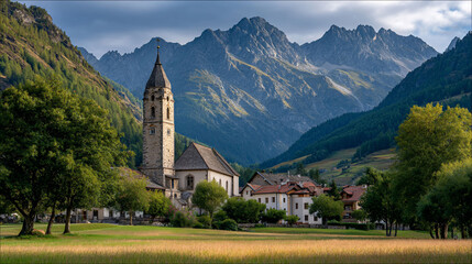 Fototapeta premium Picturesque European village nestled amongst towering mountains, church prominent