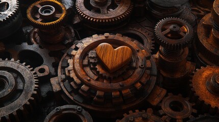 Rusty gears and mechanism surrounding a wooden heart.