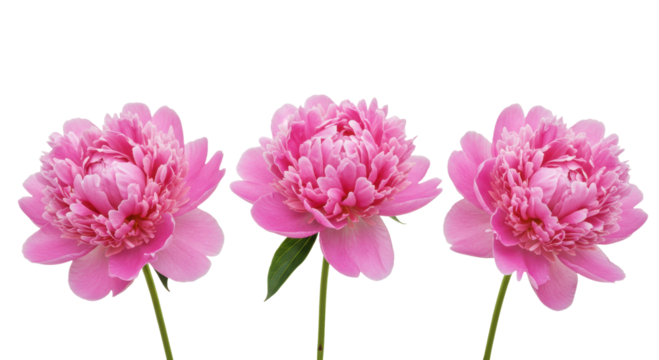 Photorealistic studio shot of three lush, fully bloomed pink peonies with ruffled petals, arranged loosely in a shallow horizontal line but distinctly separate, showing short green stems. 