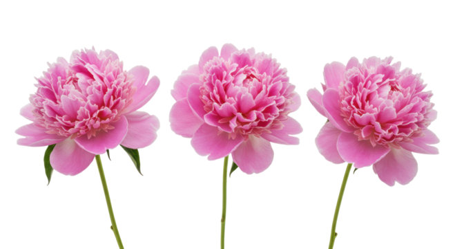 Photorealistic studio shot of three lush, fully bloomed pink peonies with ruffled petals, arranged loosely in a shallow horizontal line but distinctly separate, showing short green stems. 