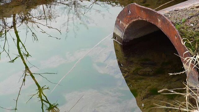 A video with a river with clear clear water, calmly and almost imperceptibly, as flow flows through metallic old rusty pipe of large diameter, located as culvert for draining water under the road
