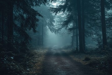 Mystical forest path shrouded in mist