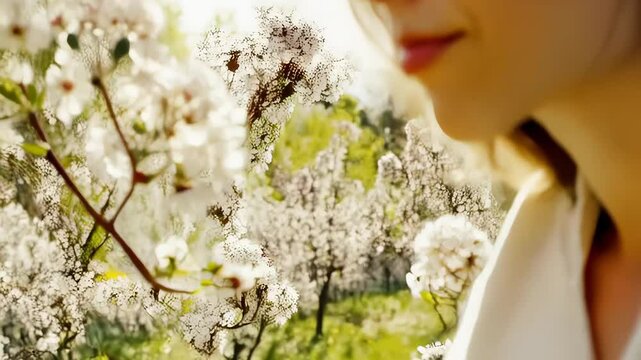 Allergic young woman suffering from seasonal pollen allergies, blowing runny nose while standing near blossoming trees in sunlit garden background