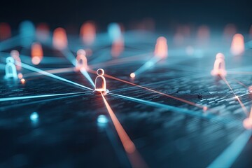 Networked people.  Connections radiate from central figure.  Glowing figures linked by digital threads.  Dark background