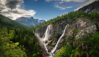 waterfall cascading down cliffside with lush forest and mountain scenery