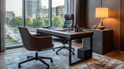 Fototapeta premium In-room workspace setup with desk, ergonomic chair, and desk lamp in stylish decor