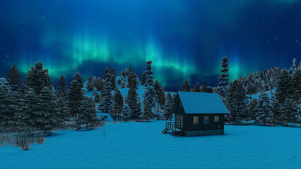 A cabin in a snowy forest, aurora borealis in the night sky