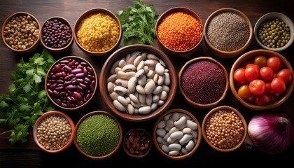 a vibrant display of diverse ingredients in bowls including beans vegetables and herbs perfect for making delicious colorful meals