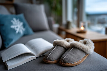 A pair of warm slippers resting on a couch next to an open book, evoking a sense of comfort and relaxation perfect for a cozy evening indoors.