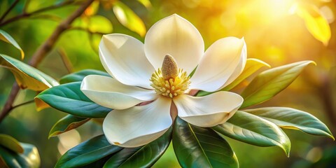 Fototapeta premium A large, white magnolia flower with a prominent center and delicate petals in shades of green and brown, spring, magnolia