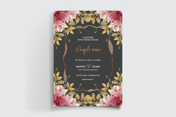 WEDDING INVITATION FRAME WITH FLOWER DECORATIONS AND FRESH LEAVES
