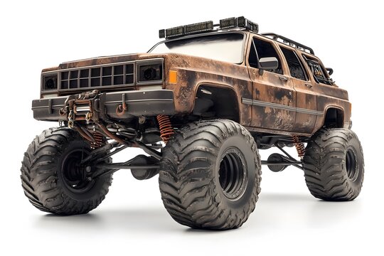A rusty brown monster truck with oversized tires on a white background in a studio shot - Powered by Adobe
