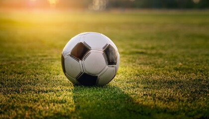 close up of a soccer ball resting on a green field with open space surrounding it for text overlay
