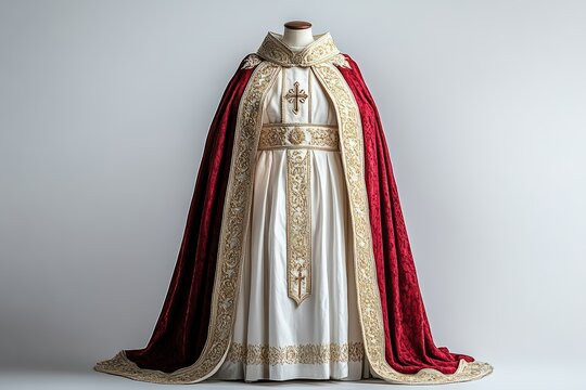  Papal vestments on mannequin against white, white cassock with gold trim, red mozzetta draped, gold pectoral cross gleams, solemn readiness for new Pope.