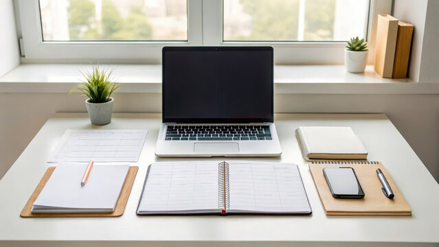 A tidy, organized workspace with a laptop, notebooks, smartphone, and plants on a white desk by a window.