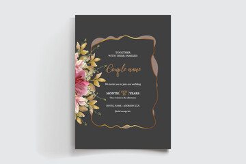WEDDING INVITATION FRAME WITH FLOWER DECORATIONS AND FRESH LEAVES