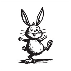 Obraz premium Cute happy cartoon bunny illustration, cheerful vintage rabbit ink drawing.
