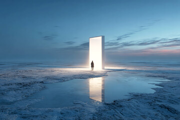 Mysterious person silhouetted against a radiant portal in an icy, barren terrain under twilight sky, reflecting in water and evoking themes of transition and otherworldliness, AI generative