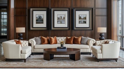 Neutral-toned hotel lobby with textured furniture, patterned rug, and framed contemporary art