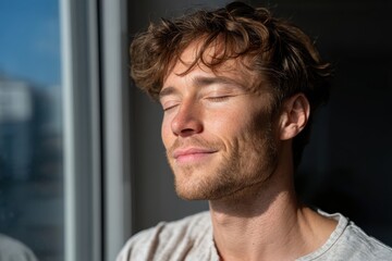 A calm young man with closed eyes enjoys a peaceful moment in the sunlight, reflecting tranquility and serenity in an aesthetically pleasing indoor environment.