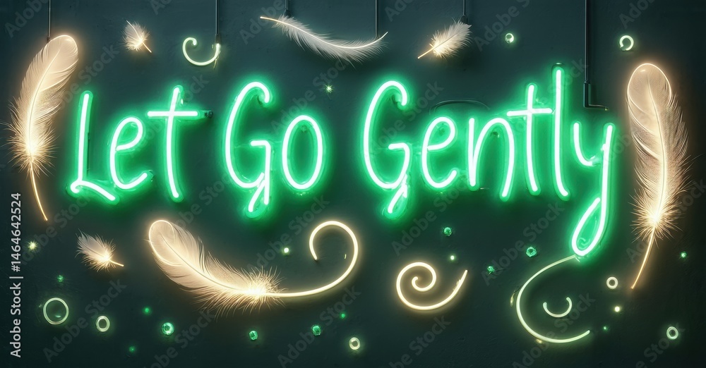 Fototapete Neon sign displays Let Go Gently. Feathers float around glowing text, creating calming aesthetic. Dark background enhances luminosity.