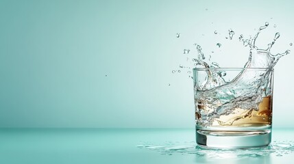 The image captures the dynamic moment of water splashing elegantly from a glass, highlighting the refreshing qualities of water with a serene turquoise background.