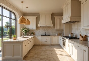 Rattan lamp and cream exterior cabinets, modern kitchen interior