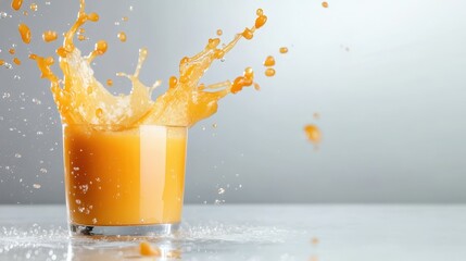 An exciting moment captured as orange juice splashes in a glass, conveying freshness and vitality; ideal for food and beverage stock imagery or advertising.