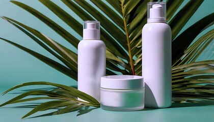Minimalist White Cosmetic Bottles and Jar with Palm Leaf Shadow on Teal Background