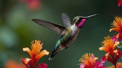 Fototapeta premium A hummingbird hovering mid air with wings spread near vibrant orange and pink flowers in a garden