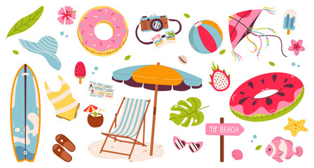 Cute Summer beach stickers. Icons, signs, banners. Fun holiday elements: swimsuits, palm trees, floaties, food, surfboards, ice cream, and vacation accessories. Summer collection
