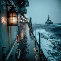 Rain-Soaked Lantern on Warship at Sea.