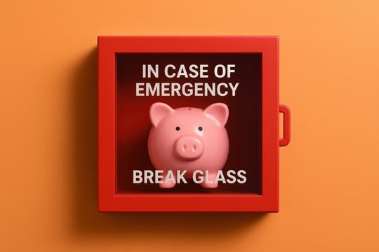 Emergency Savings Conceptual image showing a pink piggy bank inside a red box labeled "In Case of Emergency, Break Glass," representing financial planning and preparedness