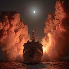 Fototapeta premium Warship at Night Launching Missiles Through Smoke
