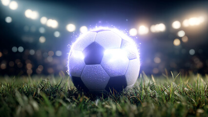 Naklejka premium Solitary soccer ball with magic glow rests on dewy grass as stadium lights blaze overhead, poised for kickoff. Magic soccer ball power and electric atmosphere of match anticipation