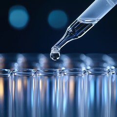 Close-up macro shot of pipette dripping liquid into test tube in sterile lab setting, square format