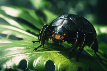 Bug walking across green leaf in extreme macro, shiny textures and deep shadows, high contrast
