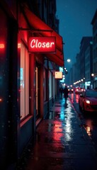 Naklejka premium Rain streaks a closed shop sign, reflecting city lights , downpour, closed, window