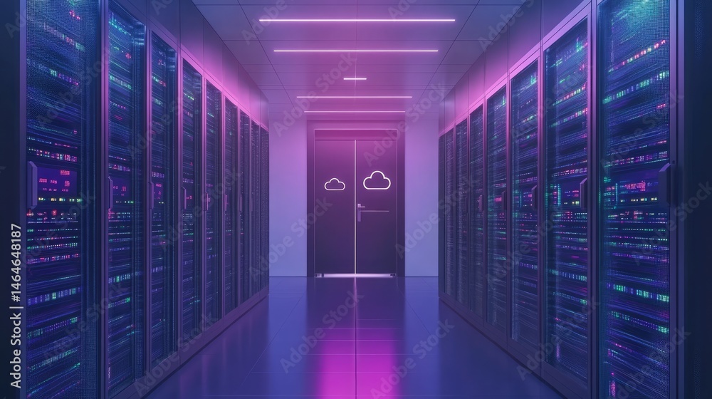 Poster server racks and cloud icons interconnected with digital lines and holograms, representing cloud-dri
