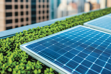 Fototapeta premium business sales sustainable Concept. Solar panels on a green rooftop amidst a cityscape background.