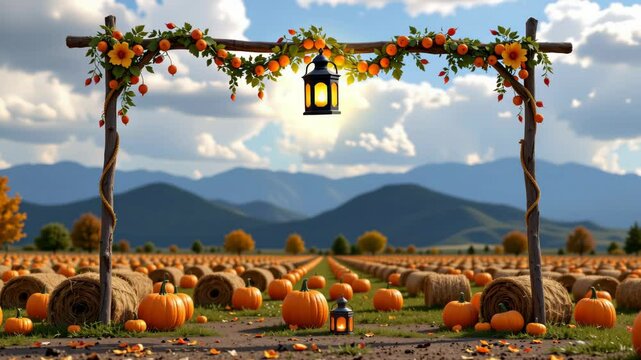 A decorated wooden arch stands in a scenic pumpkin patch field with hay bales and mountains in the background.