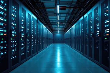 Cutting-Edge Data Center with Illuminated Server Racks and Digital Infrastructure