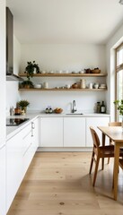 White Scandinavian kitchen, open shelving, contemporary design, dining area, scandinavian, kitchen, home