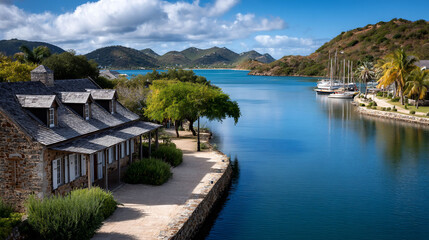Fototapeta premium Stone building by a waterway with boats, mountains, lush trees, and a sunny sky
