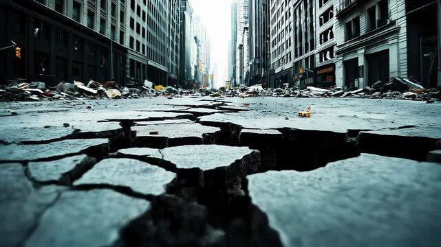Massive ground fracturing through urban New York City street, revealing devastating earthquake destruction and urban landscape rupturing in catastrophic seismic event