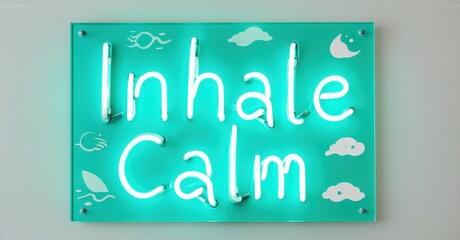 Bright turquoise neon sign displays Inhale Calm. Clouds, leaves decorate text. Wall mounted, simple design promotes relaxation, wellness.
