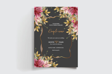 WEDDING INVITATION FRAME WITH FLOWER DECORATIONS AND FRESH LEAVES