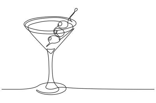Dry martini line art. Line drawing of classic cocktail. Martini glass. Continuous one line drawing. Vector illustration with EDITABLE stroke. Isolated on transparent background.