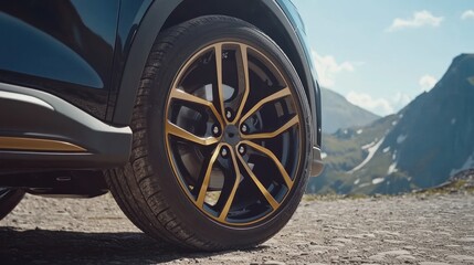 Fototapeta premium Close-up of a vehicle's wheel with mountain scenery.
